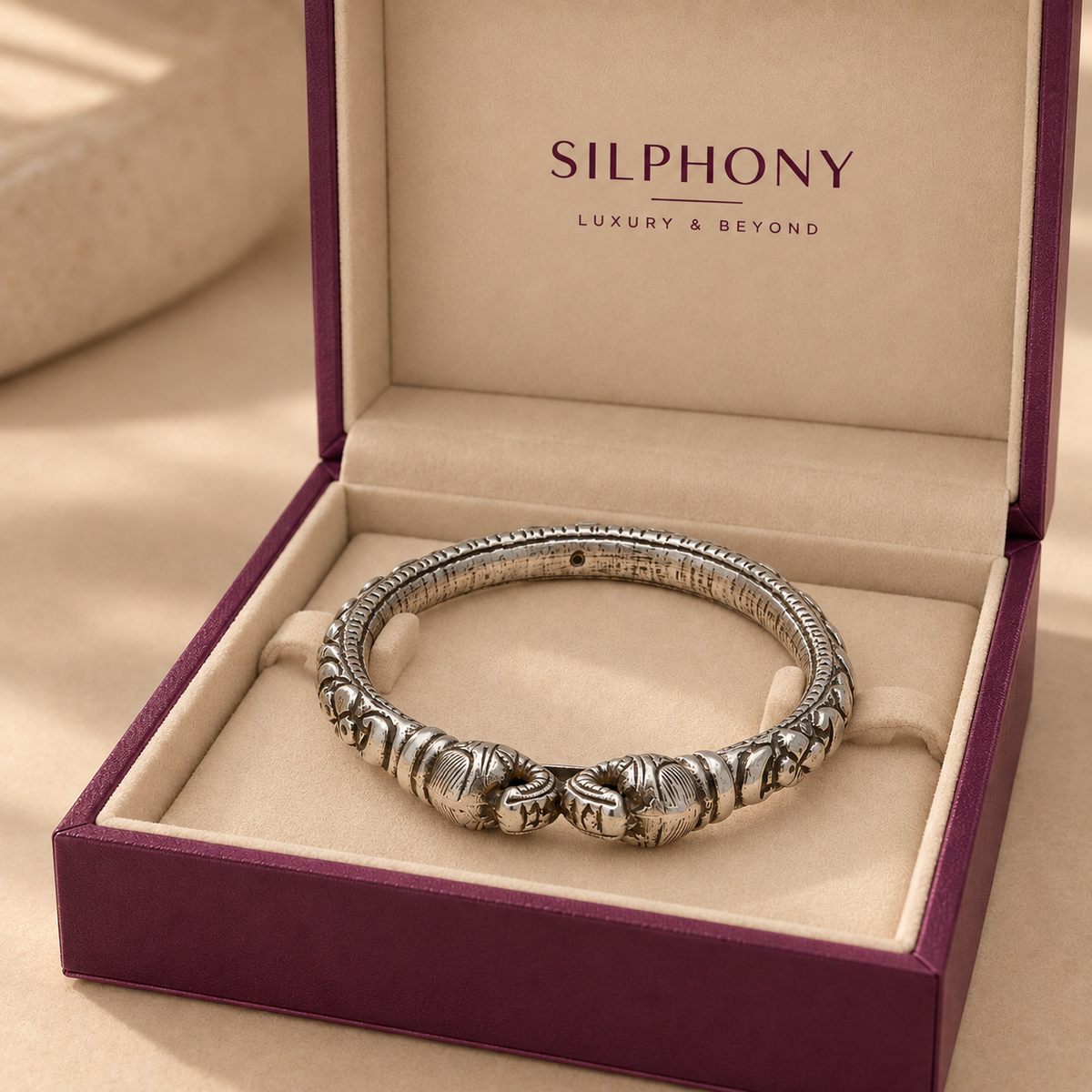 Antique Silver Elephant Head Bangle for Women