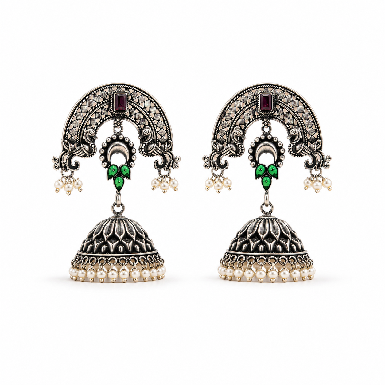 925 Sterling Silver Temple Jhumka Earrings With Enamel, Red Stone & Pearls