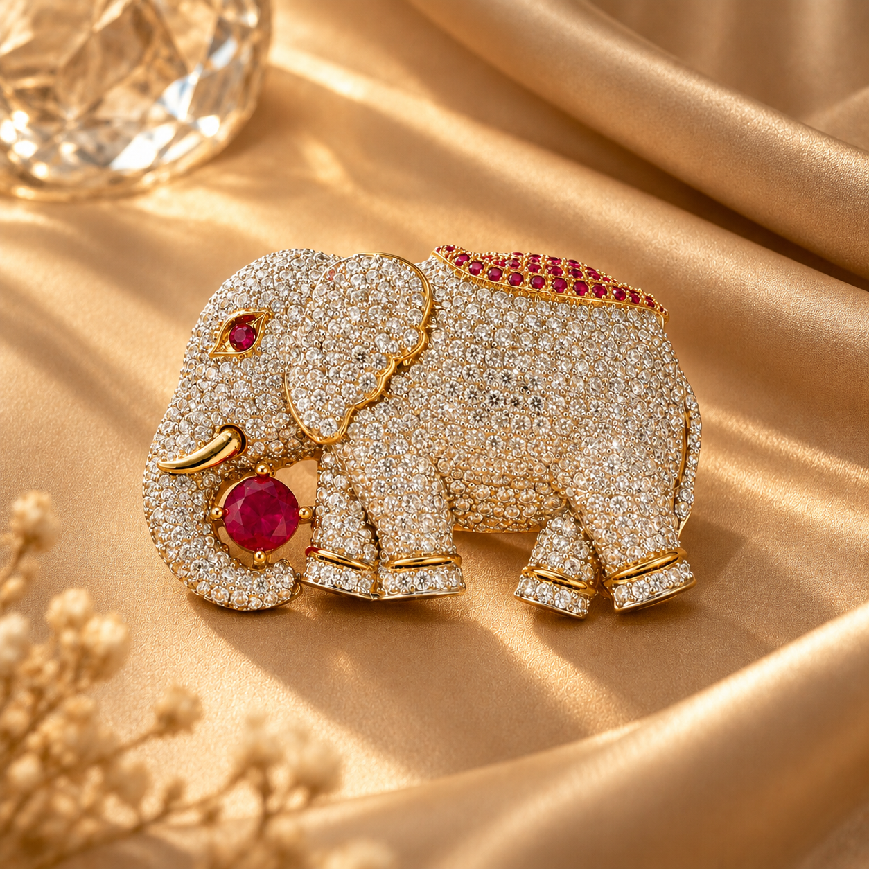 925 Sterling Silver Moissanite & Quartz Elephant Brooch | Regal Red Stone Statement | Hallmarked