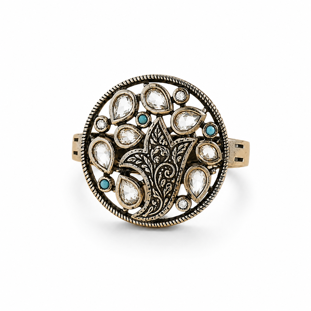 Floral 925 Sterling Silver Statement Ring with Pear-Cut White Stones & Turquoise | Hallmaked
