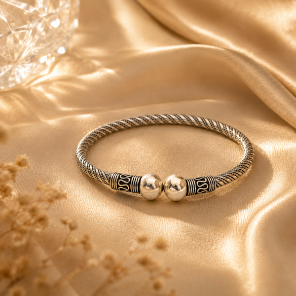 925 Sterling Silver Oxidized Bangle | Twisted Rope Design with Silver Bead | Hallmarked