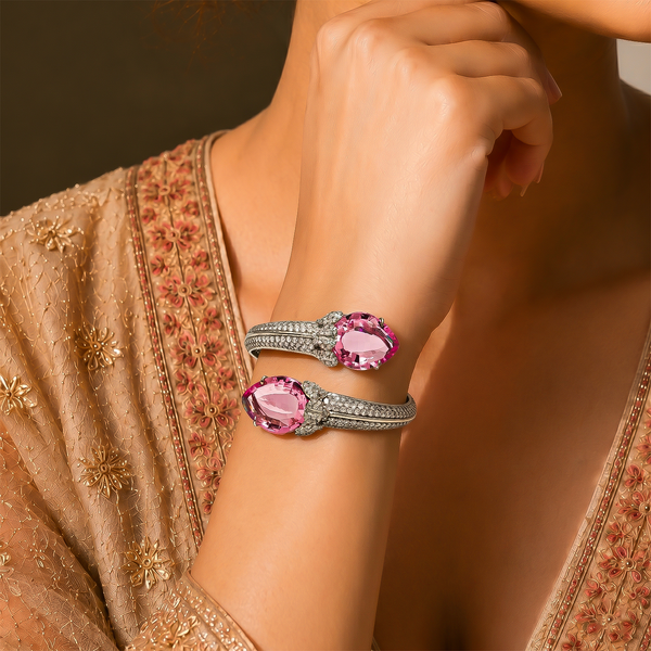 One-of-One 92.5 Silver Pink Gemstone Open Cuff Bracelet