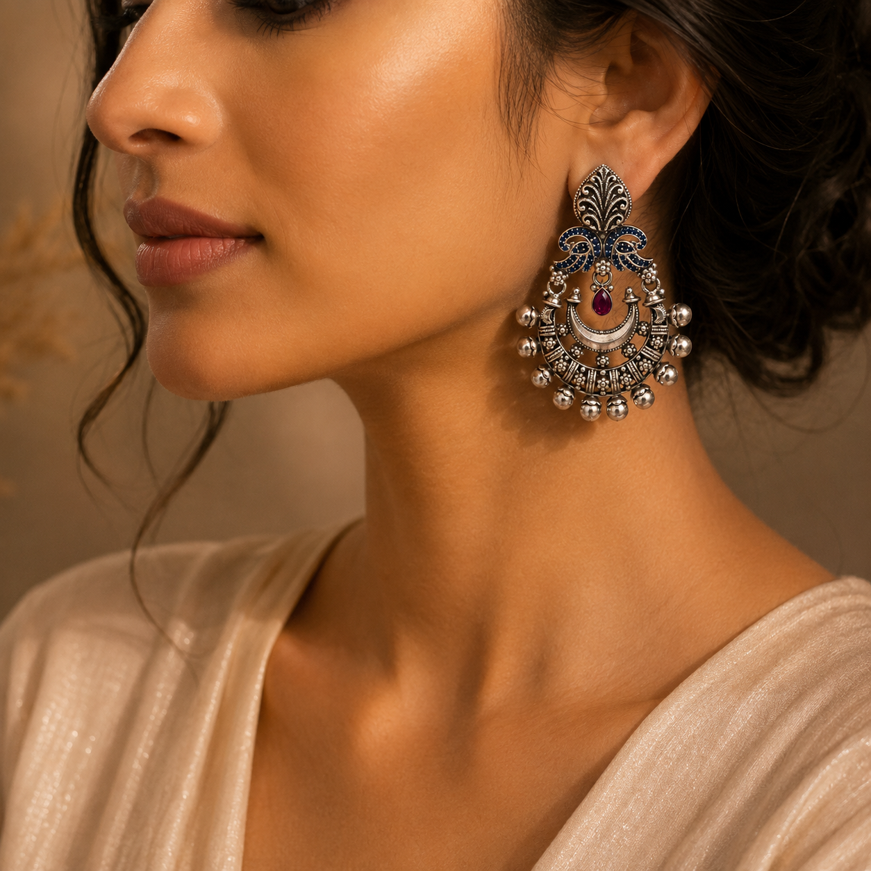 925 Sterling Silver Oxidized Chandbali Earrings with Blue & Red Stones | Traditional Indian Statement Jewelry