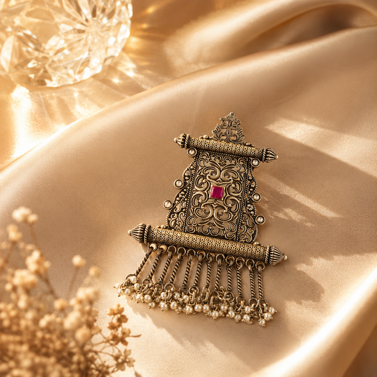 925 Sterling Silver Oxidized Statement Pendant with Red Square Stone & Pearl Dangles | Traditional Indian Jewelry