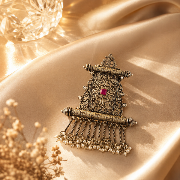 925 Sterling Silver Oxidized Statement Pendant with Red Square Stone & Pearl Dangles | Traditional Indian Jewelry