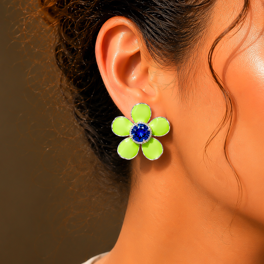 One-of-One 92.5 Silver Green Enamel Floral Stud Earrings