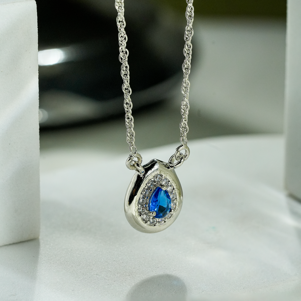 One-of One 92.5 Silver Teardrop Blue Simulant Sapphire Pendant Necklace