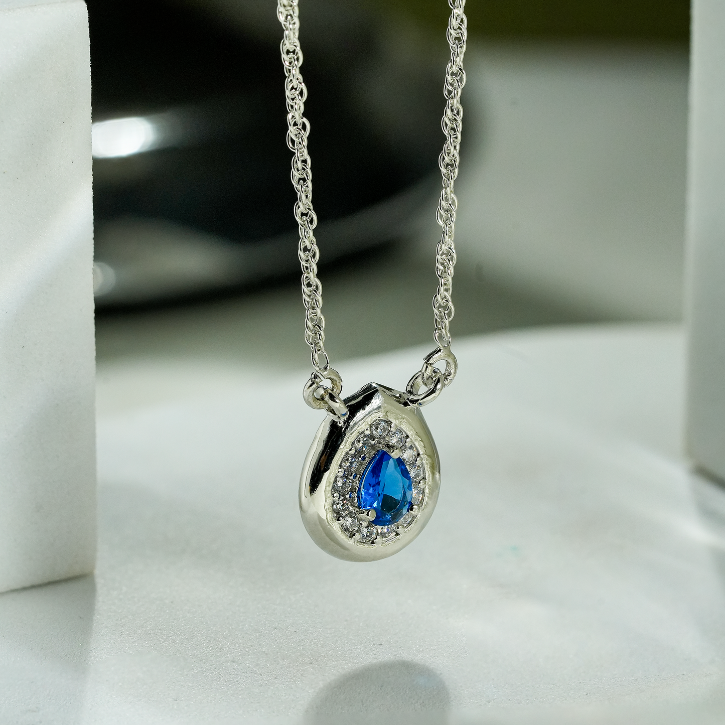 One-of One 92.5 Silver Teardrop Blue Simulant Sapphire Pendant Necklace