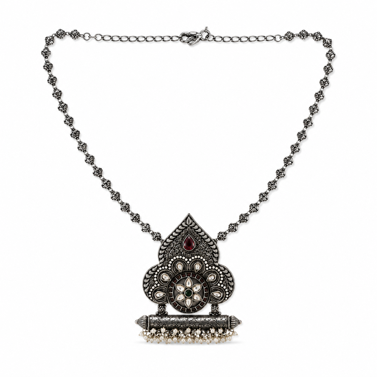 Floral 25 Sterling Silver Oxidized Paisley Pendant Necklace | Multicolour Stone & Pearl Fringe Indian Jewellery