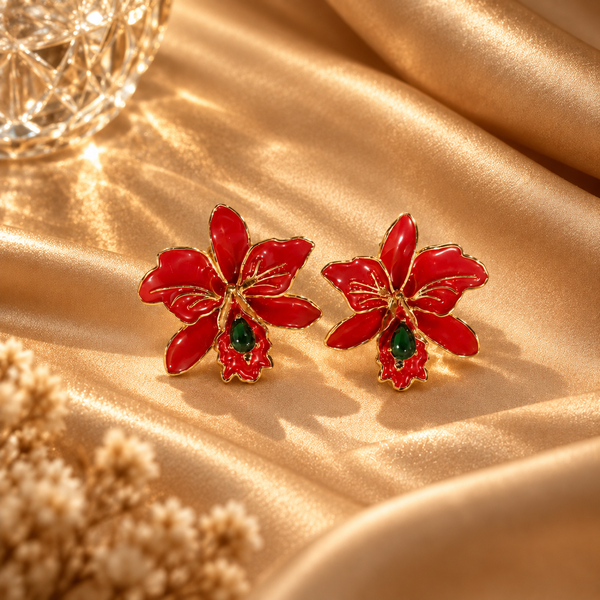 Red Floral Enamel Drop Earrings with Green Stone