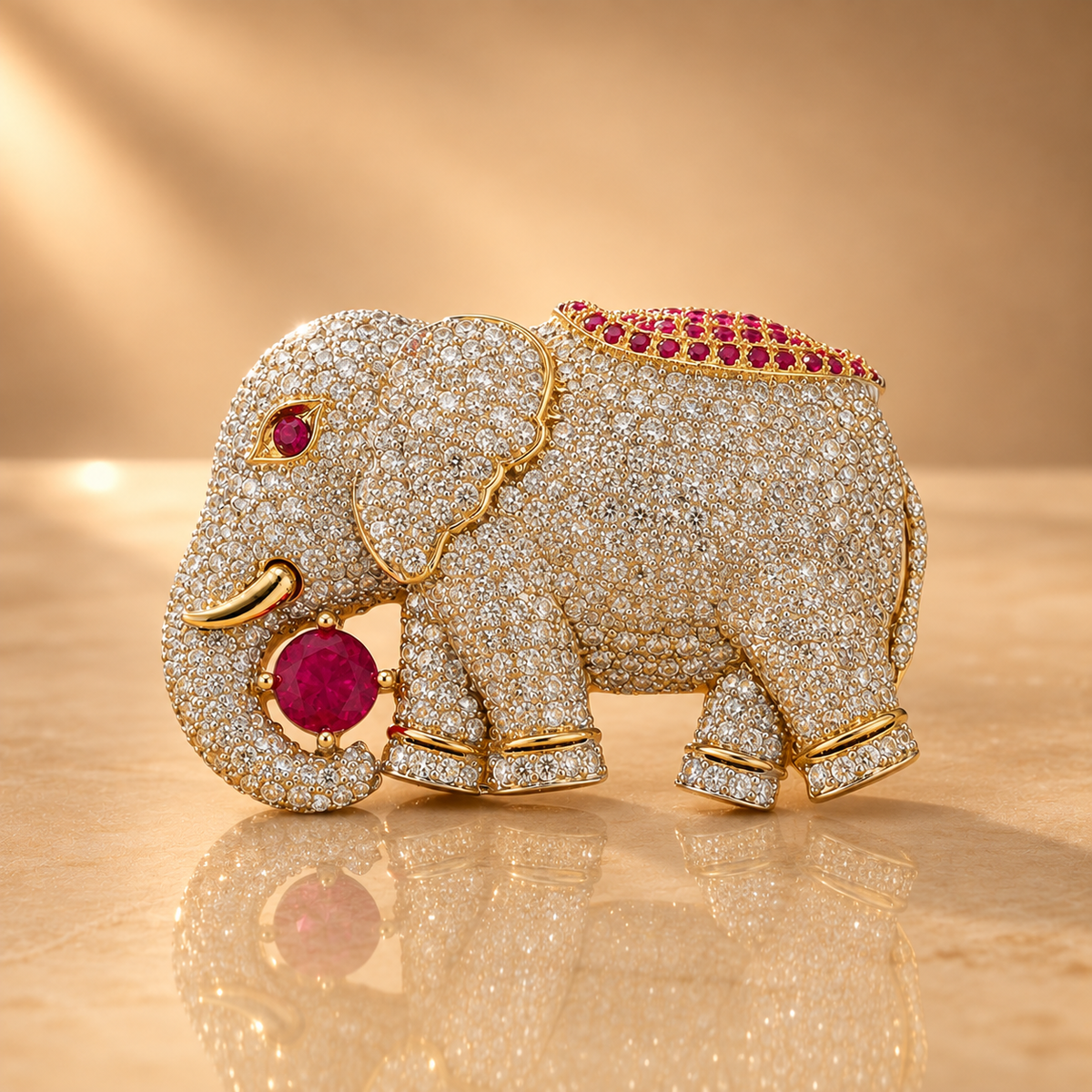 925 Silver Elephant Brooch for Men with Moissanite & Ruby Quartz Gemstones