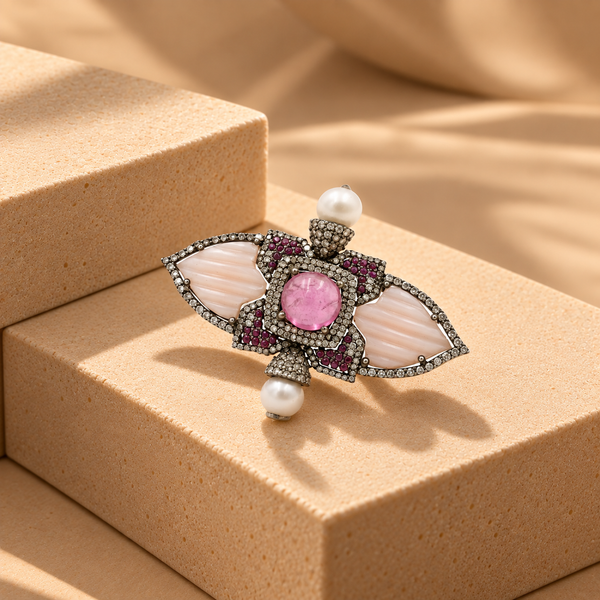 1.05 Ct Natural Diamonds with 925 Silver Opal & Rubylite Brooch