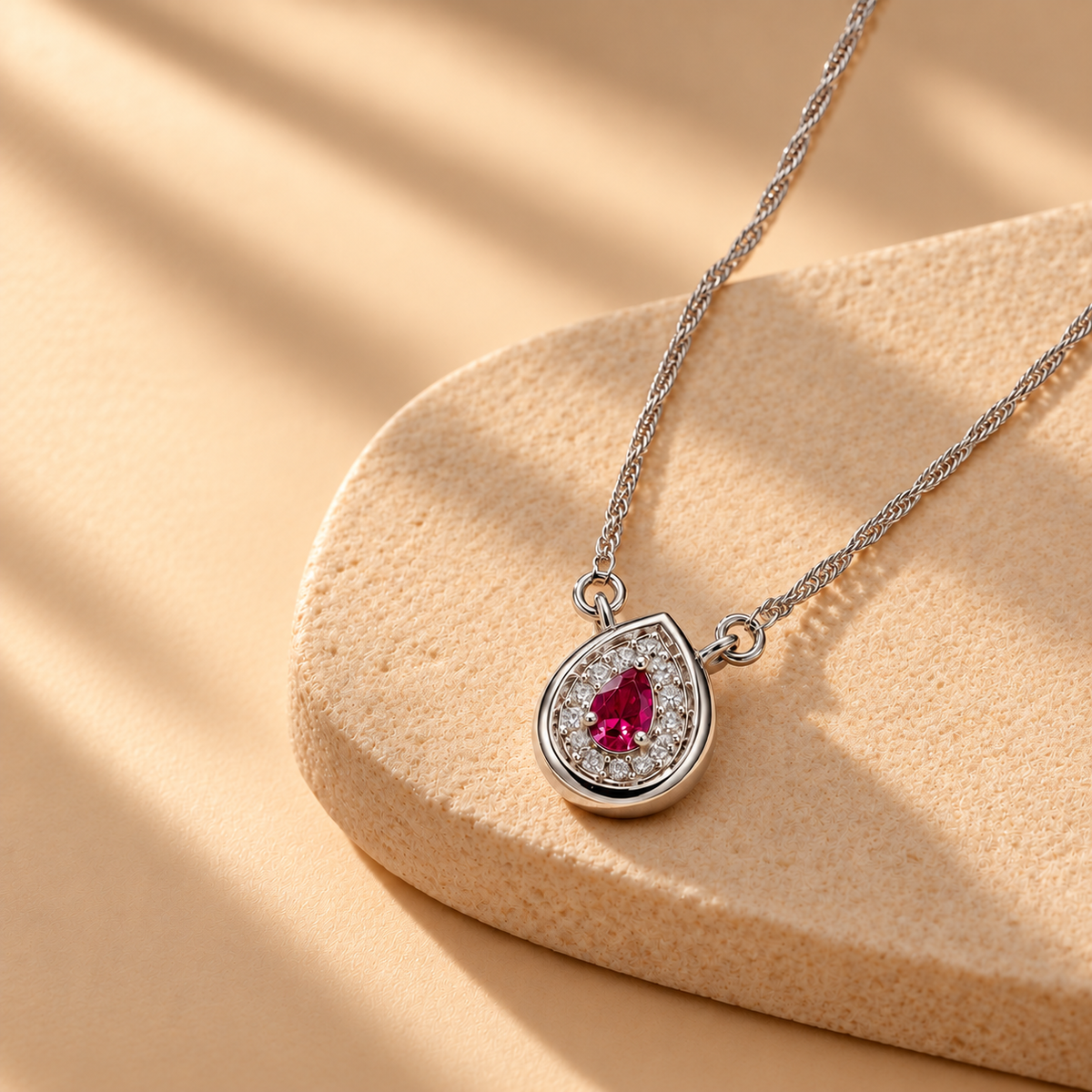 925 Silver Red Quartz Moissanite Pear Pendant Chain