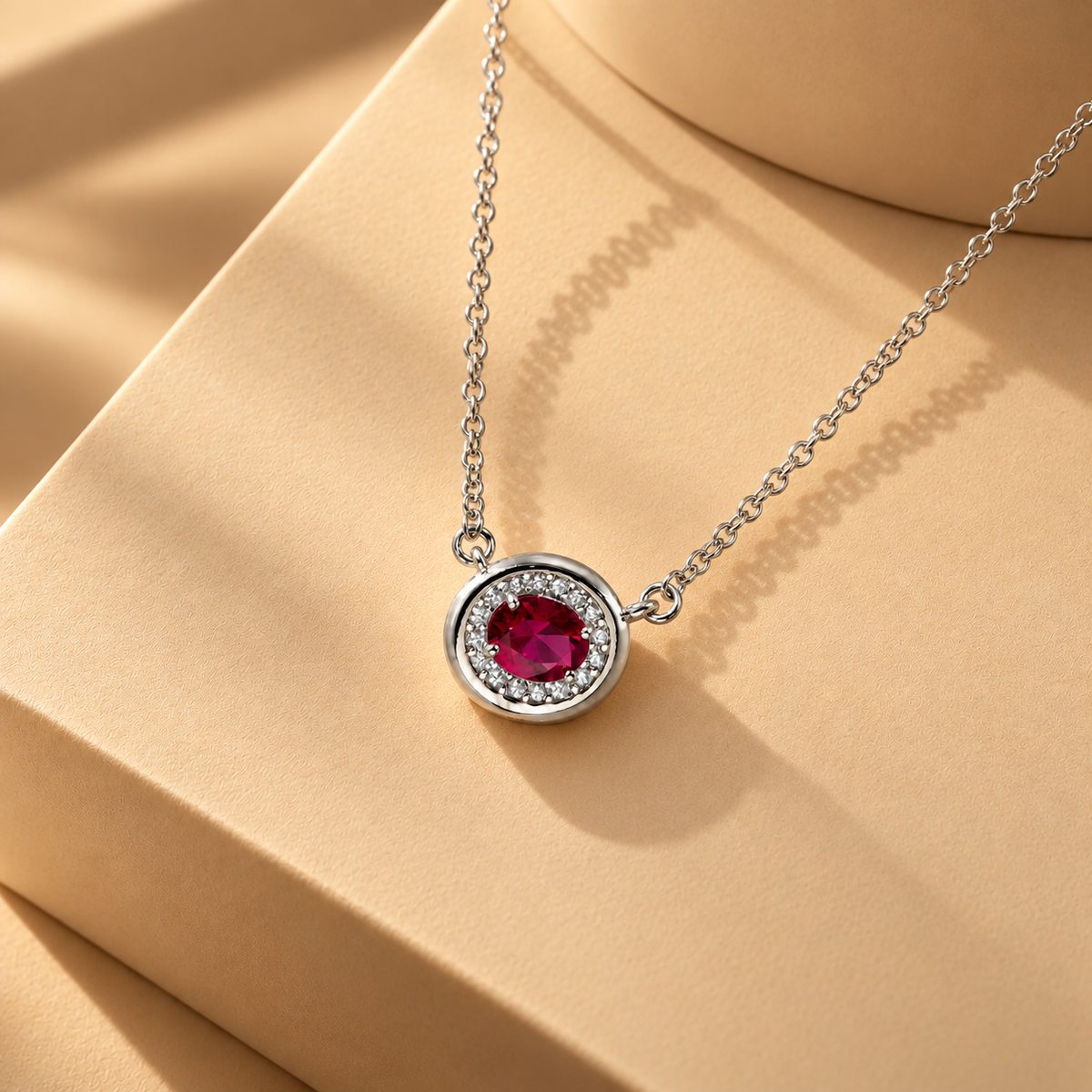Red Quartz Oval Halo Moissanite Pendant Chain