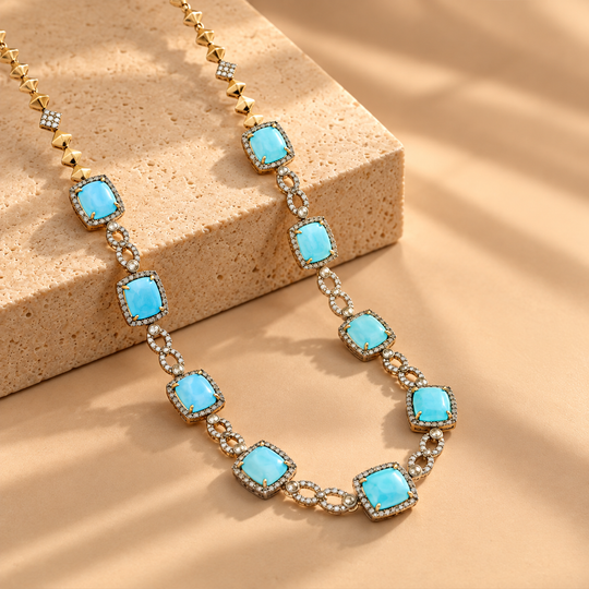 3.68 ct Natural Diamond With 925 Sterling Silver Firoza Necklace