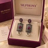 Oxidized 925 Silver Pink Stone Pearl Drop Earrings