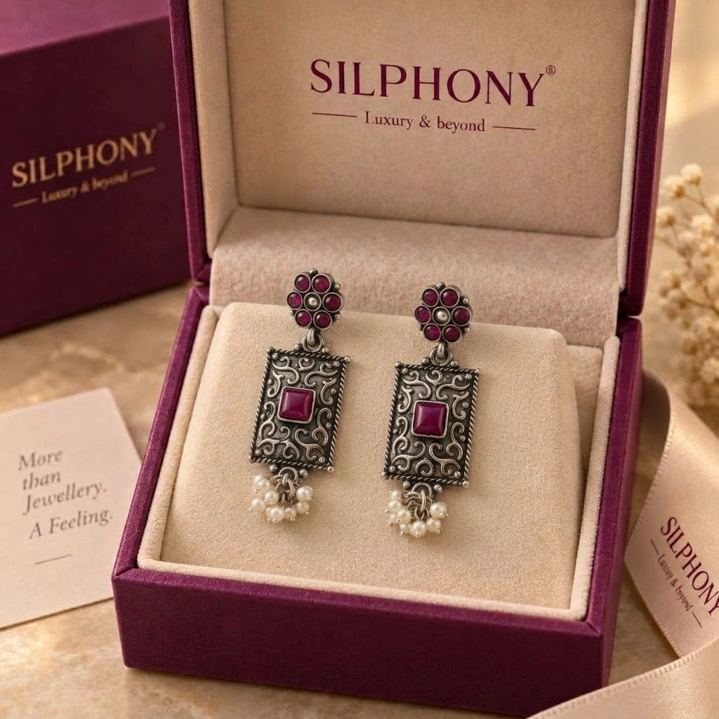 Oxidized 925 Silver Pink Stone Pearl Drop Earrings