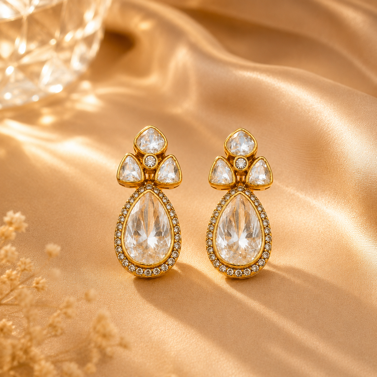 925 Sterling Silver Polki & Moissanite Designer Teardrop Earrings