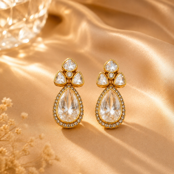 925 Sterling Silver Polki & Moissanite Designer Teardrop Earrings