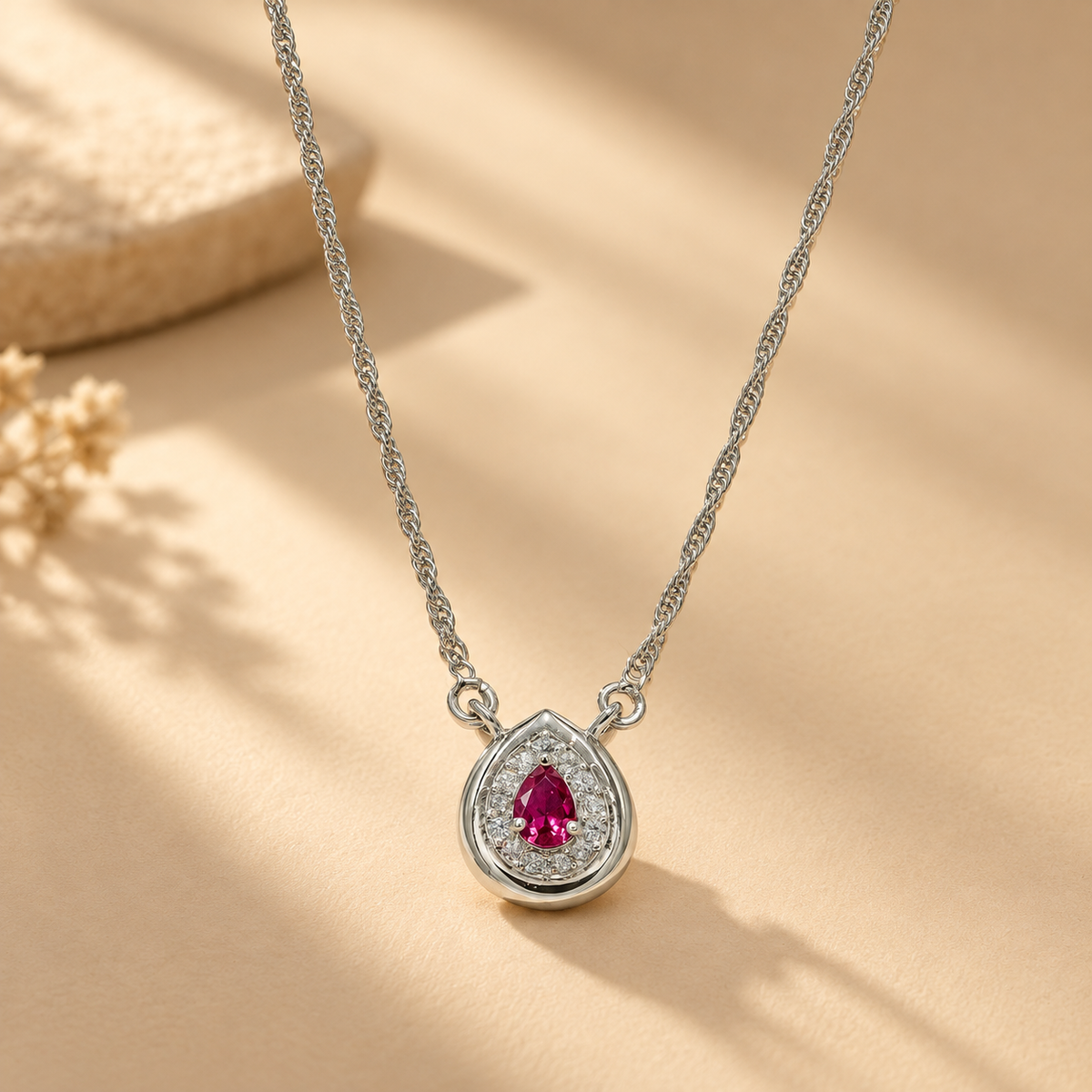 925 Sterling Silver Red Quartz & Moissanite Teardrop Chain Pendant