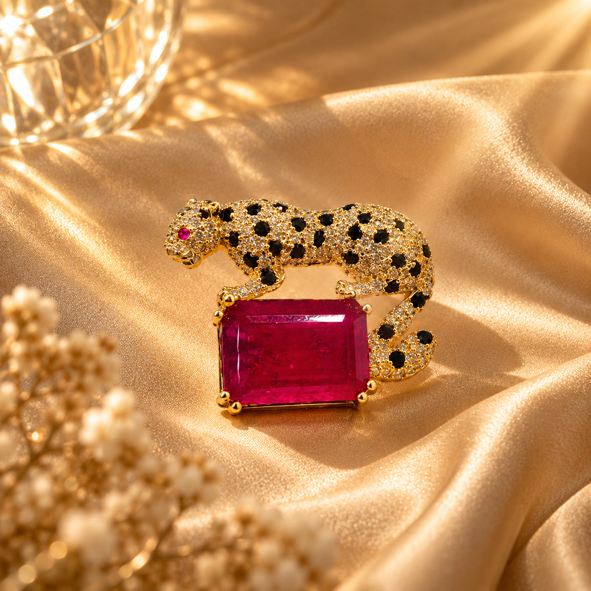 925 Sterling Silver Quartz Leopard Brooch | Red Gemstone Statement with Black Stone | Hallmerked