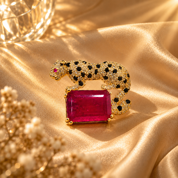 925 Sterling Silver Quartz Leopard Brooch | Red Gemstone Statement with Black Stone | Hallmerked