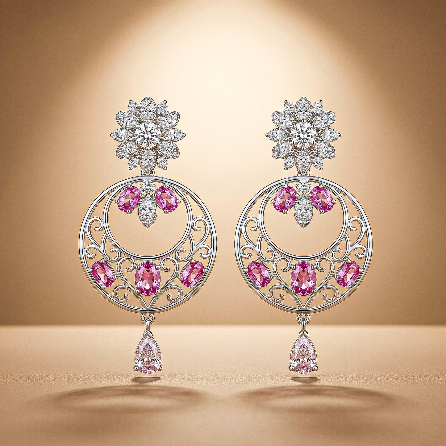 92.5 Sterling Silver Floral Drop Motif Necklace Set