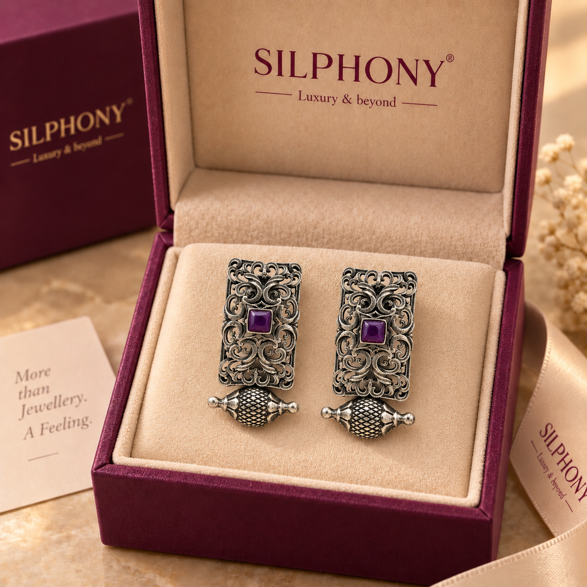 925 Sterling Silver Purple Stone Filigree Drop Earrings