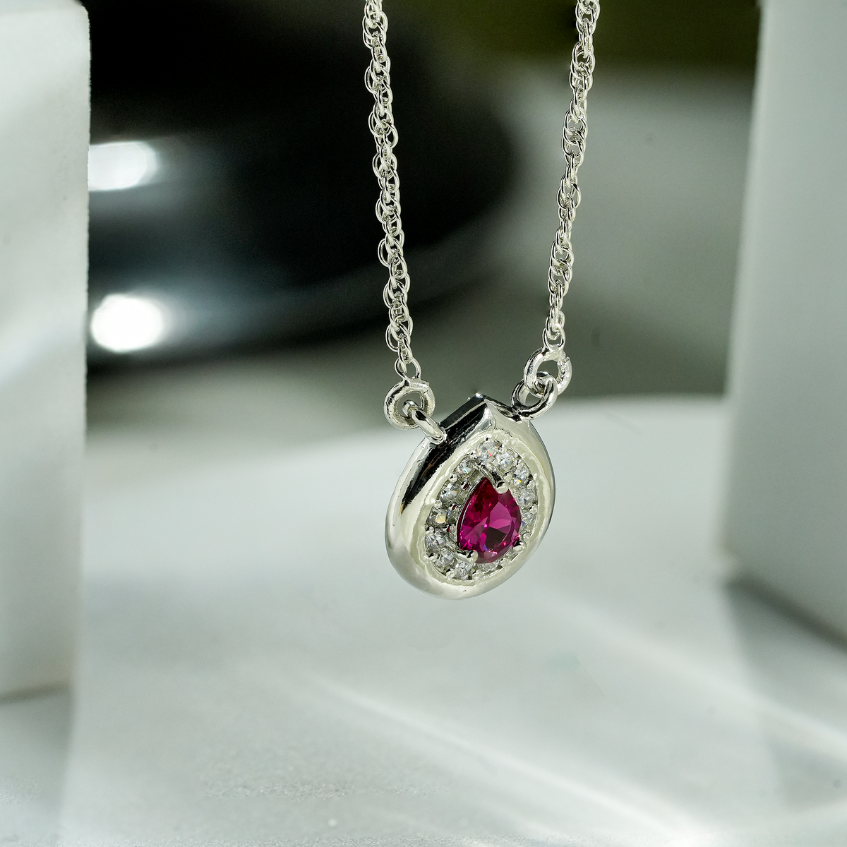 One-of One 92.5 Silver Teardrop Red Simulant Ruby Pendant Necklace
