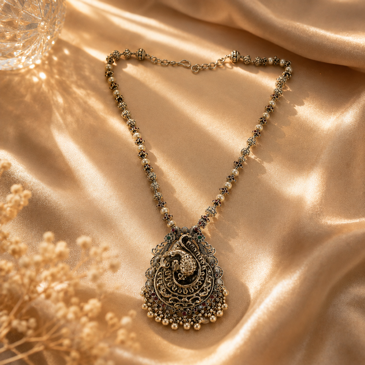 Peacock-Inspired 925 Sterling Silver Moissanite & Quartz Statement Pendant Necklace | Hallmerked