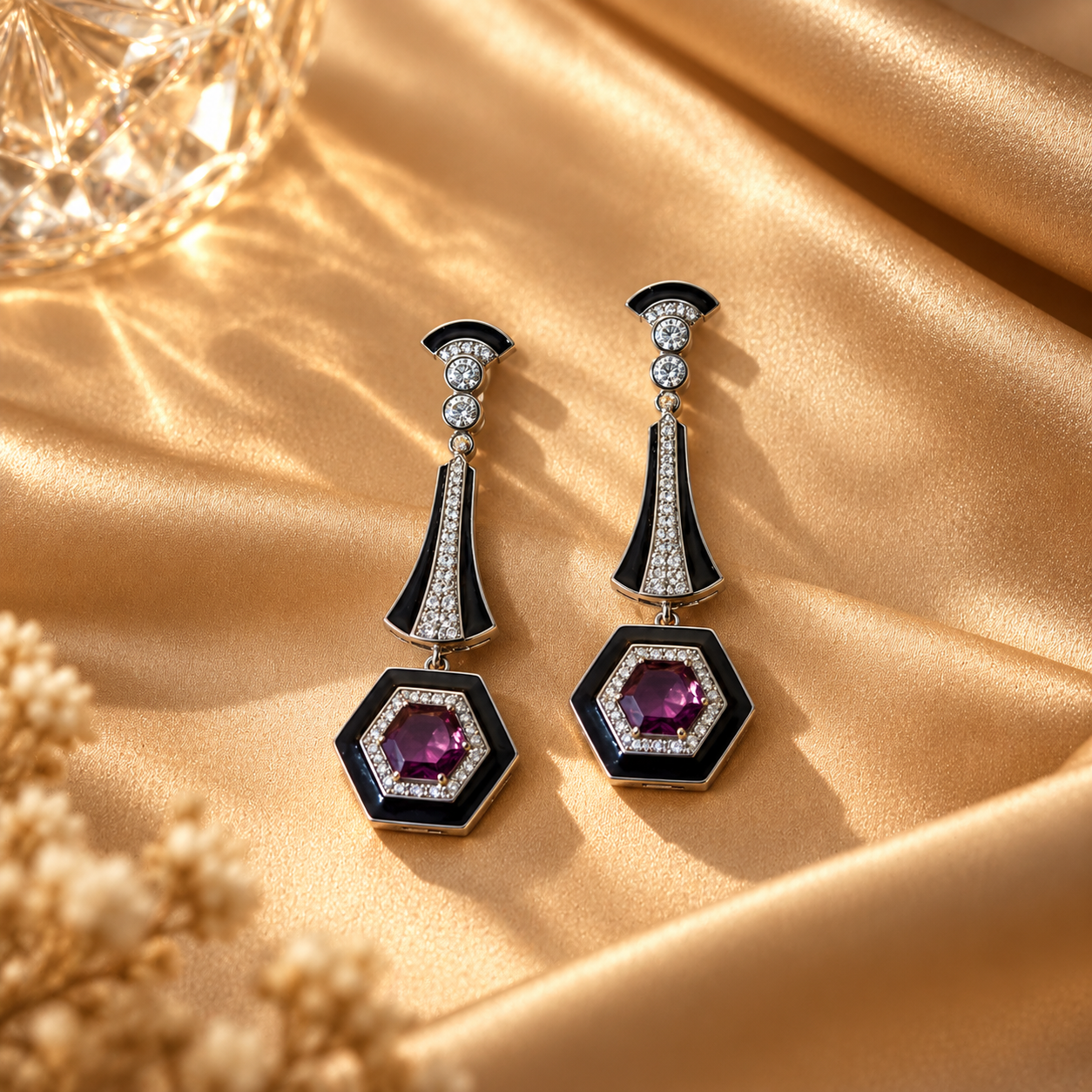 Black Enamel 925 Sterling Silver Long Drop Earrings | Hallmarked Jewellery