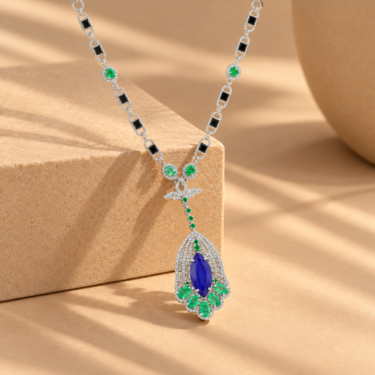 3.8 Ct Natural Diamond & 925 Silver Tanzanite Necklace
