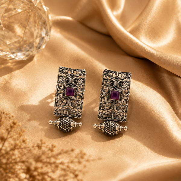 Vintage Filigree Silver Oxidized Statement Drop Earrings