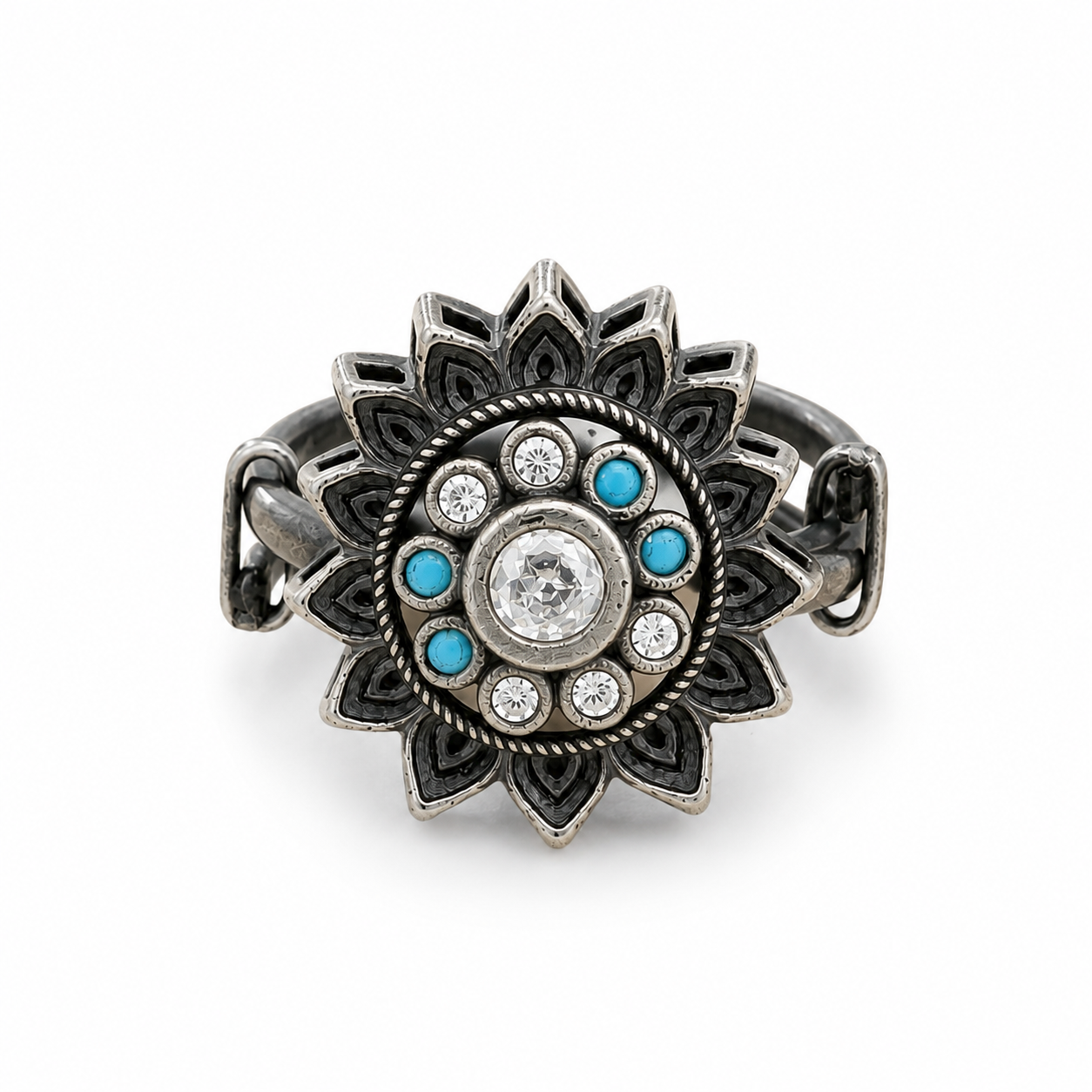 Floral Mandala Turquoise & Sparkling Stones Oxidized Vintage Cocktail Ring