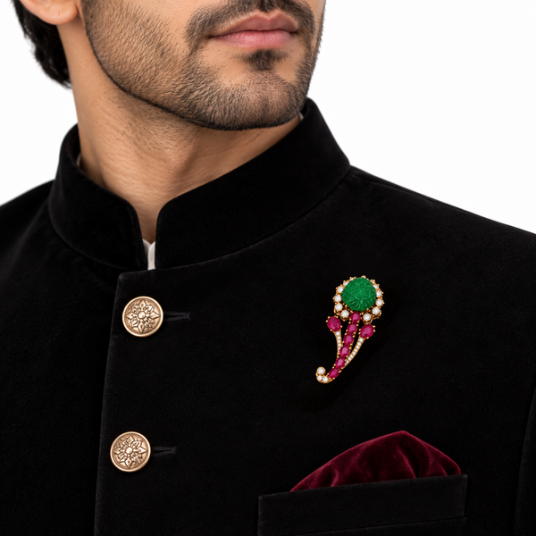 Floral 925 Sterling Silver Polki & Quartz Brooch | Green Carved Stone Statement | Hallmarked Jewellery