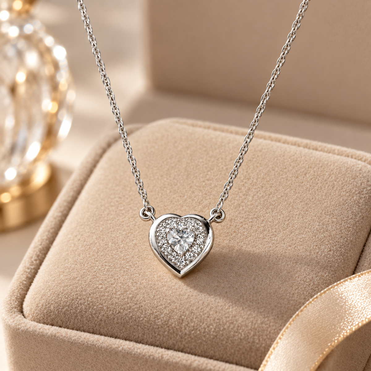 18 Inch 925 Sterling Silver Heart Shape with Moissanite Chain Pendant