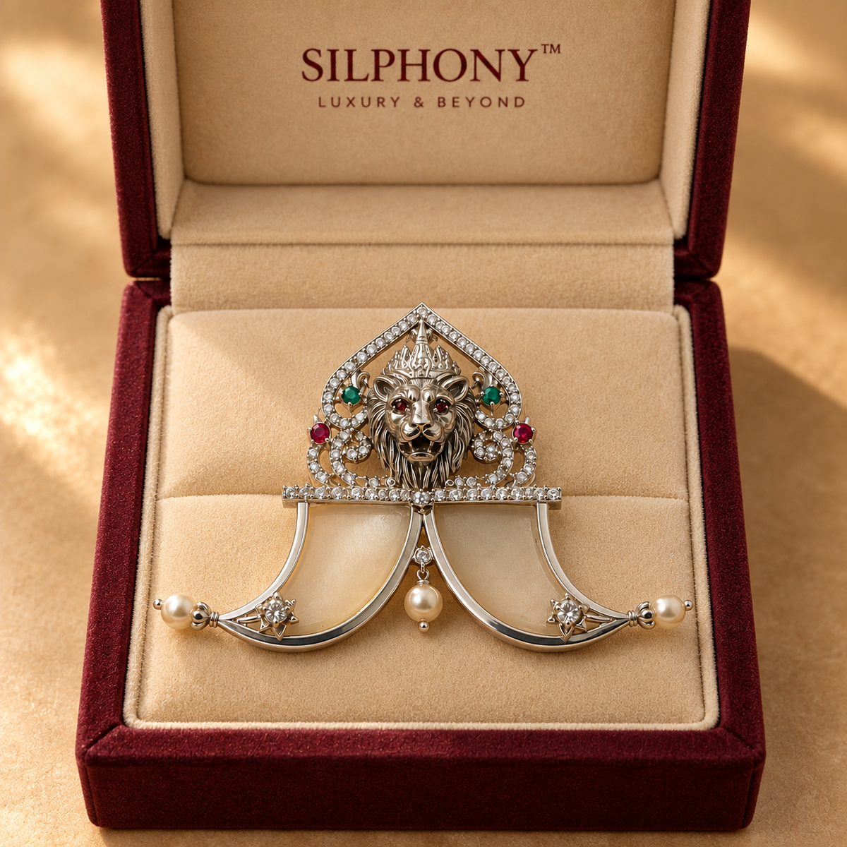 Lion Face Sher Nakh Silver Pendant with Quartz and Pearls Fine Jewelry