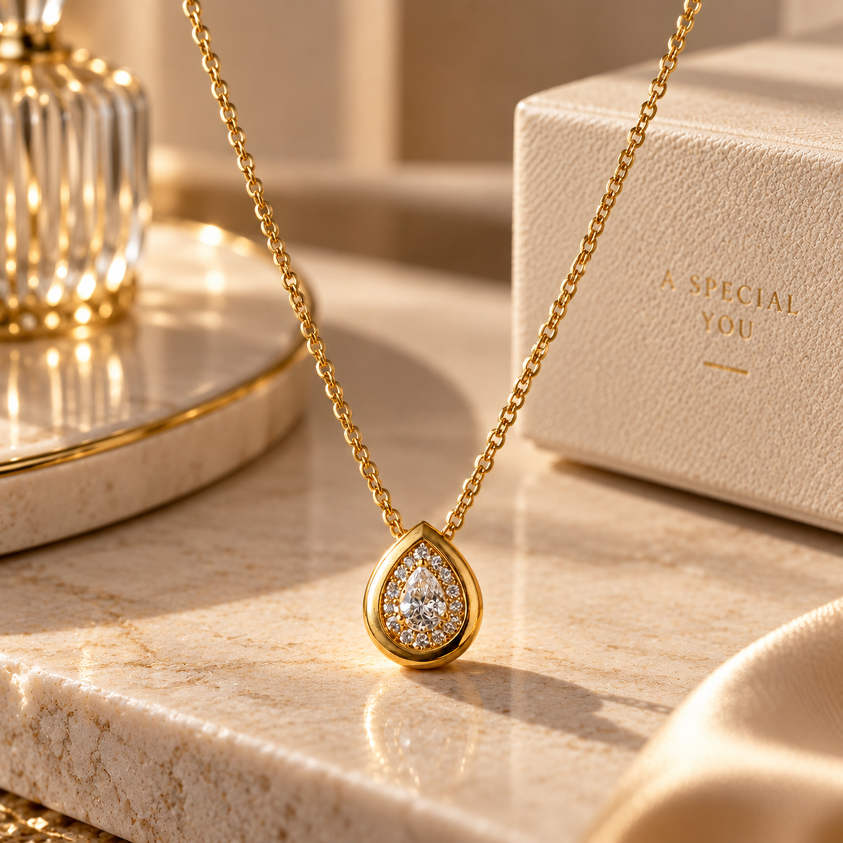 18 Inch 925 Sterling Silver Quartz & Moissanite with Teardrop Statement Chain Pendant