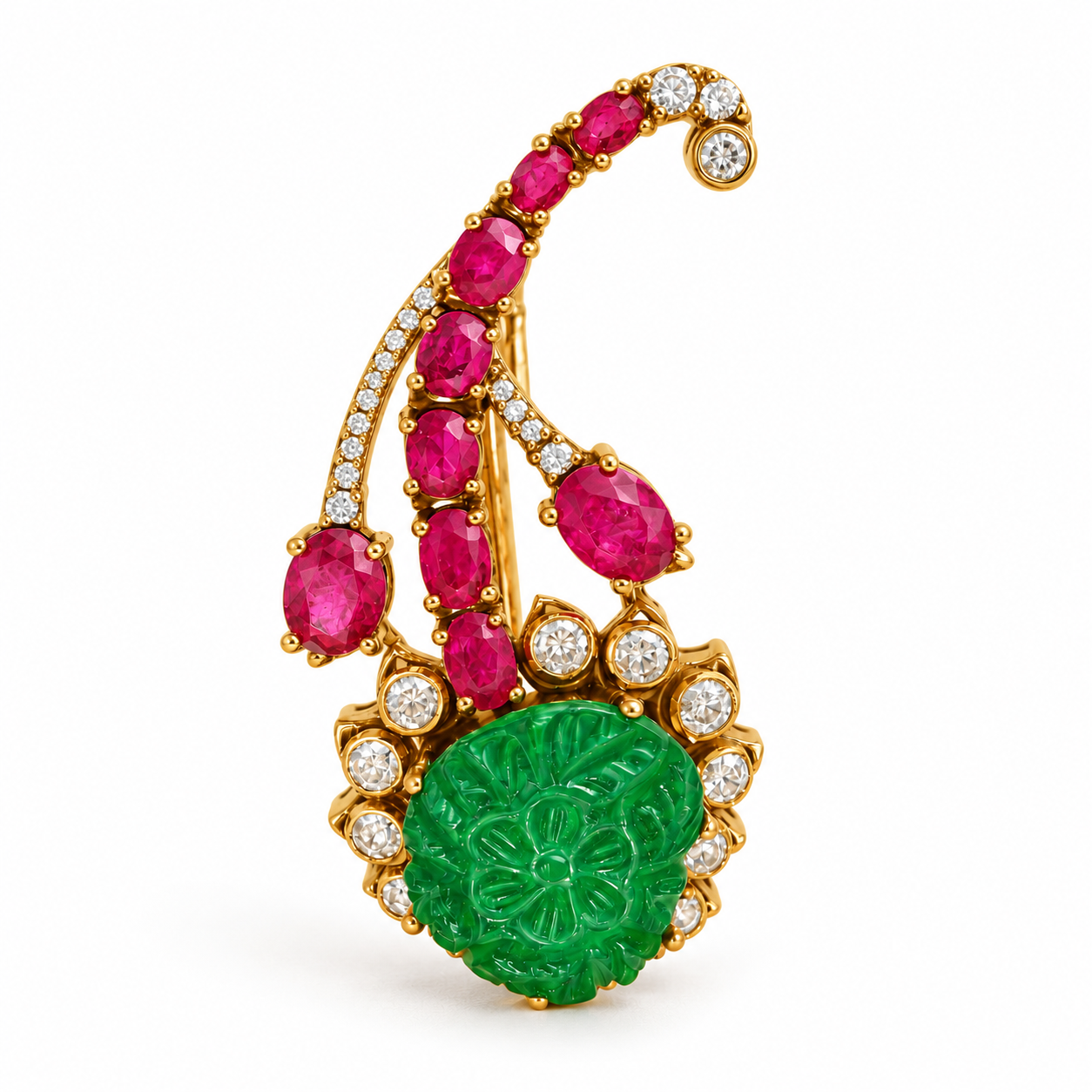 Floral 925 Sterling Silver Polki & Quartz Brooch |Green Carved Stone Statement | Hallmarked Jewellery