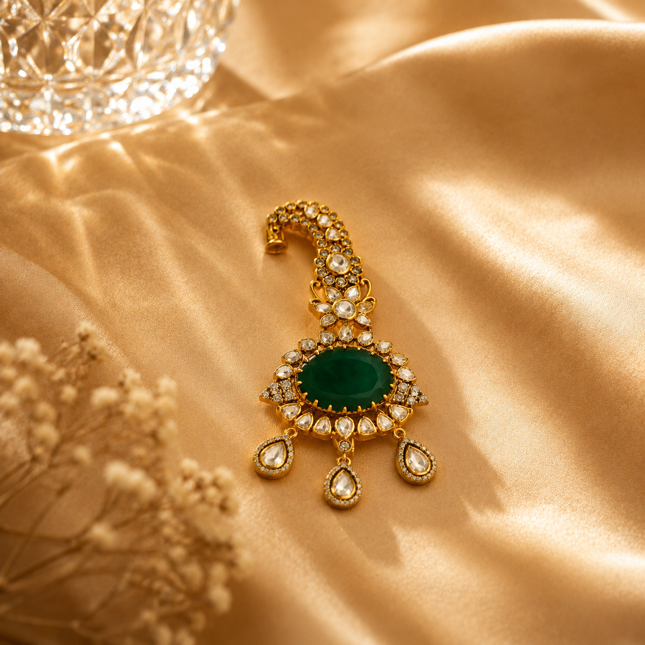 925 Sterling Silver Emerald Bridal Hairpin | Traditional Indian Juda Pin