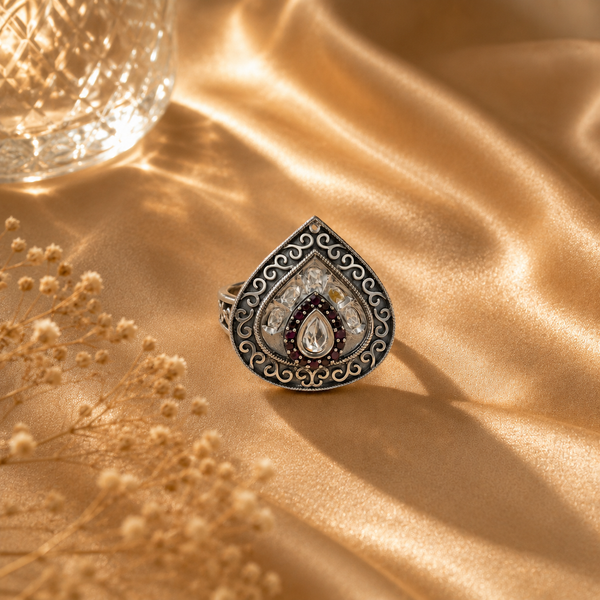 Antique Oxidized Silver Teardrop Cocktail Ring | Statement Jewellery for Her