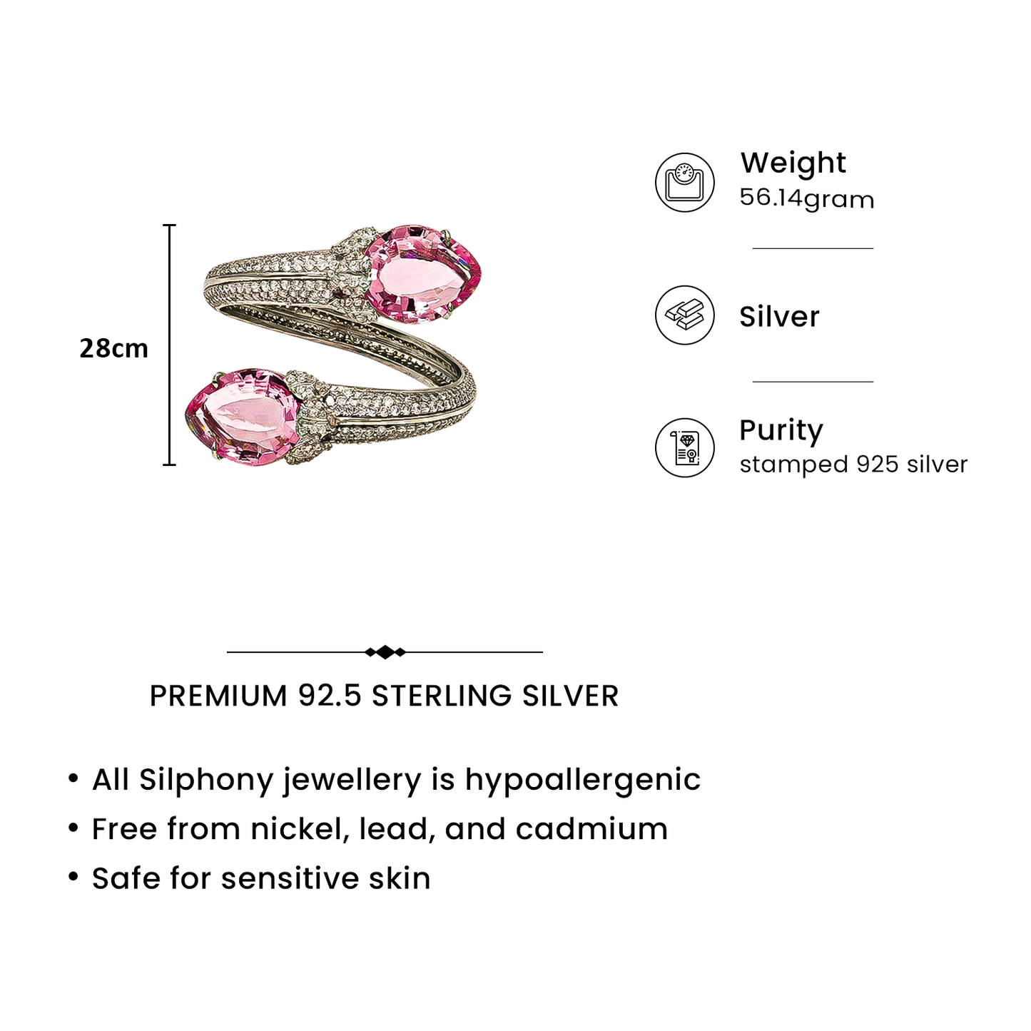 One-of-One 92.5 Silver Pink Gemstone Open Cuff Bracelet