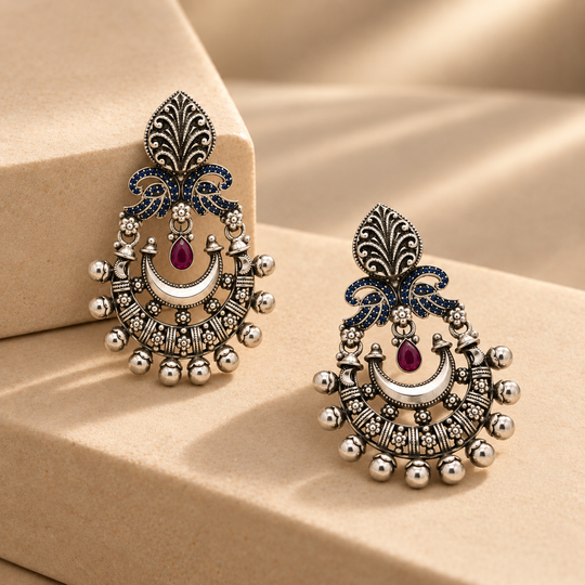925 Sterling Silver Oxidized Chandbali Earrings with Blue & Red Stones | Traditional Indian Statement Jewelry