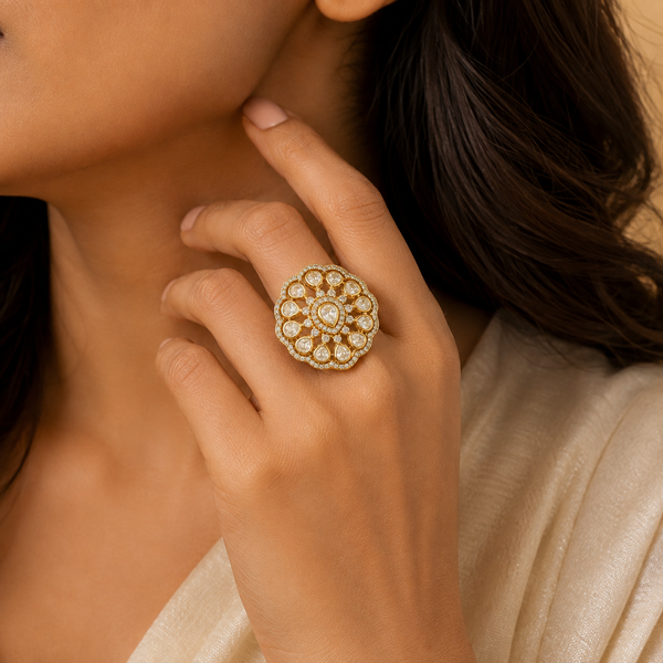 925 Sterling Silver Moissanite Polki Floral Ring