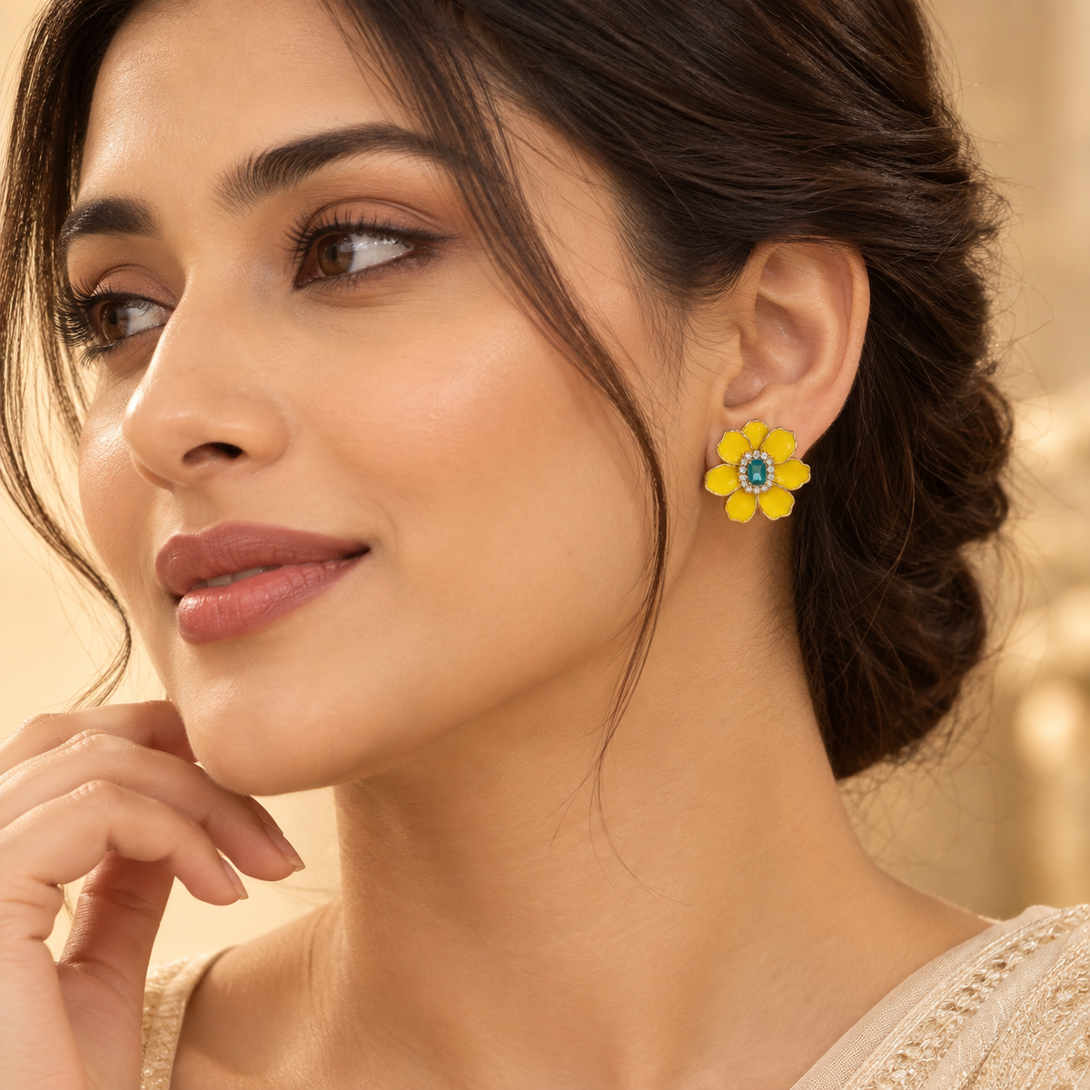 Yellow Enamel Flower with Blue Center Stud Earrings