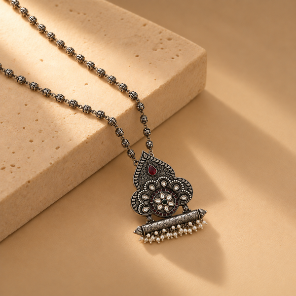 Floral 25 Sterling Silver Oxidized Paisley Pendant Necklace | Multicolour Stone & Pearl Fringe Indian Jewellery