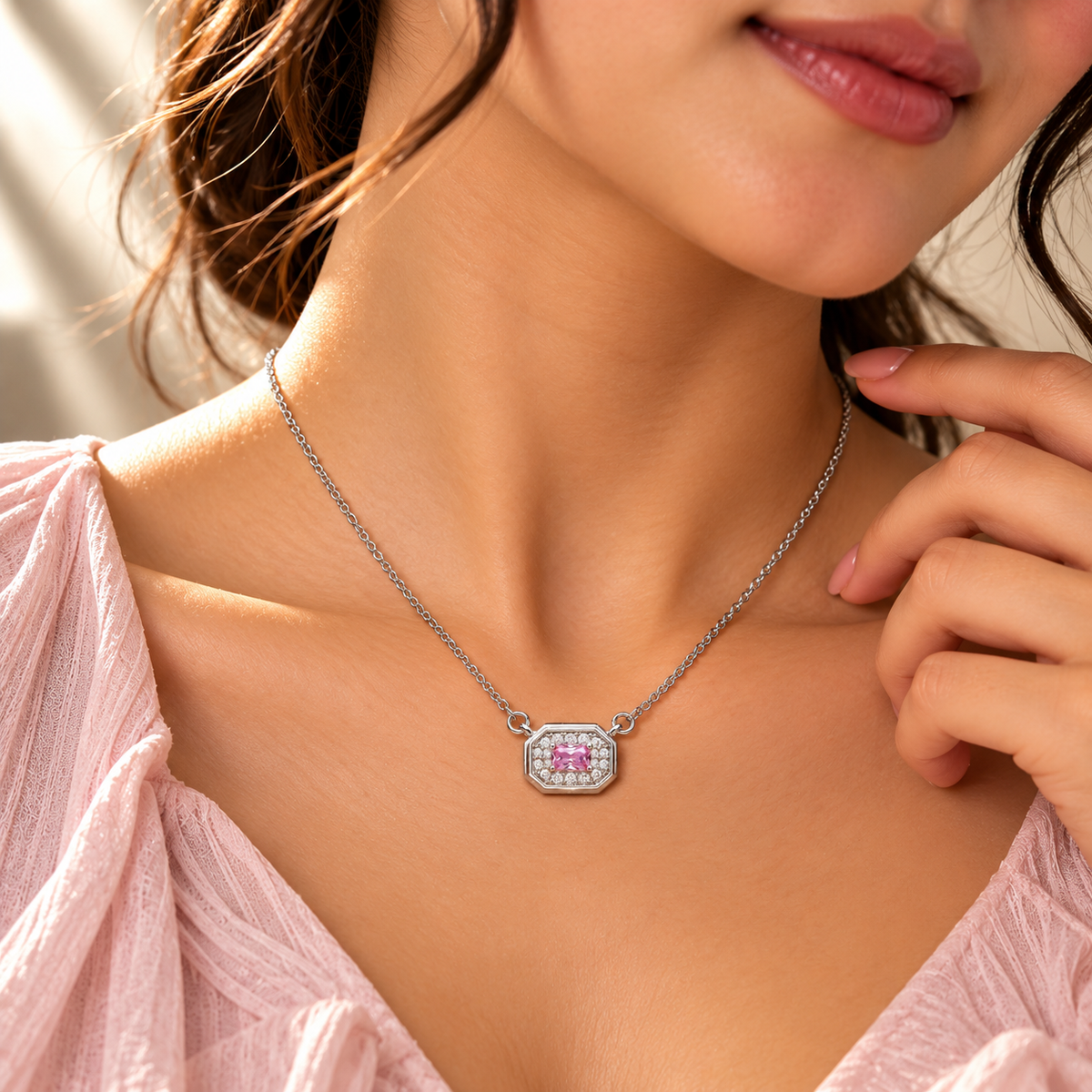 925 Sterling Silver Pink Quartz Moissanite Chain Pendant