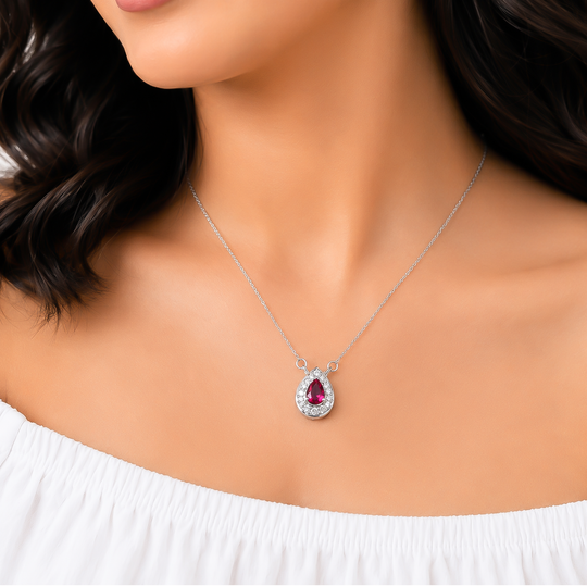 One-of One 92.5 Silver Teardrop Red Simulant Ruby Pendant Necklace