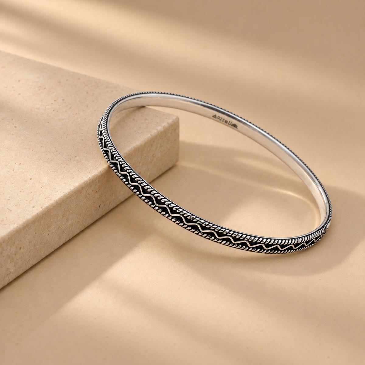 Oxidized Silver Twisted Rope Wave Bangles Set of 4 for Women