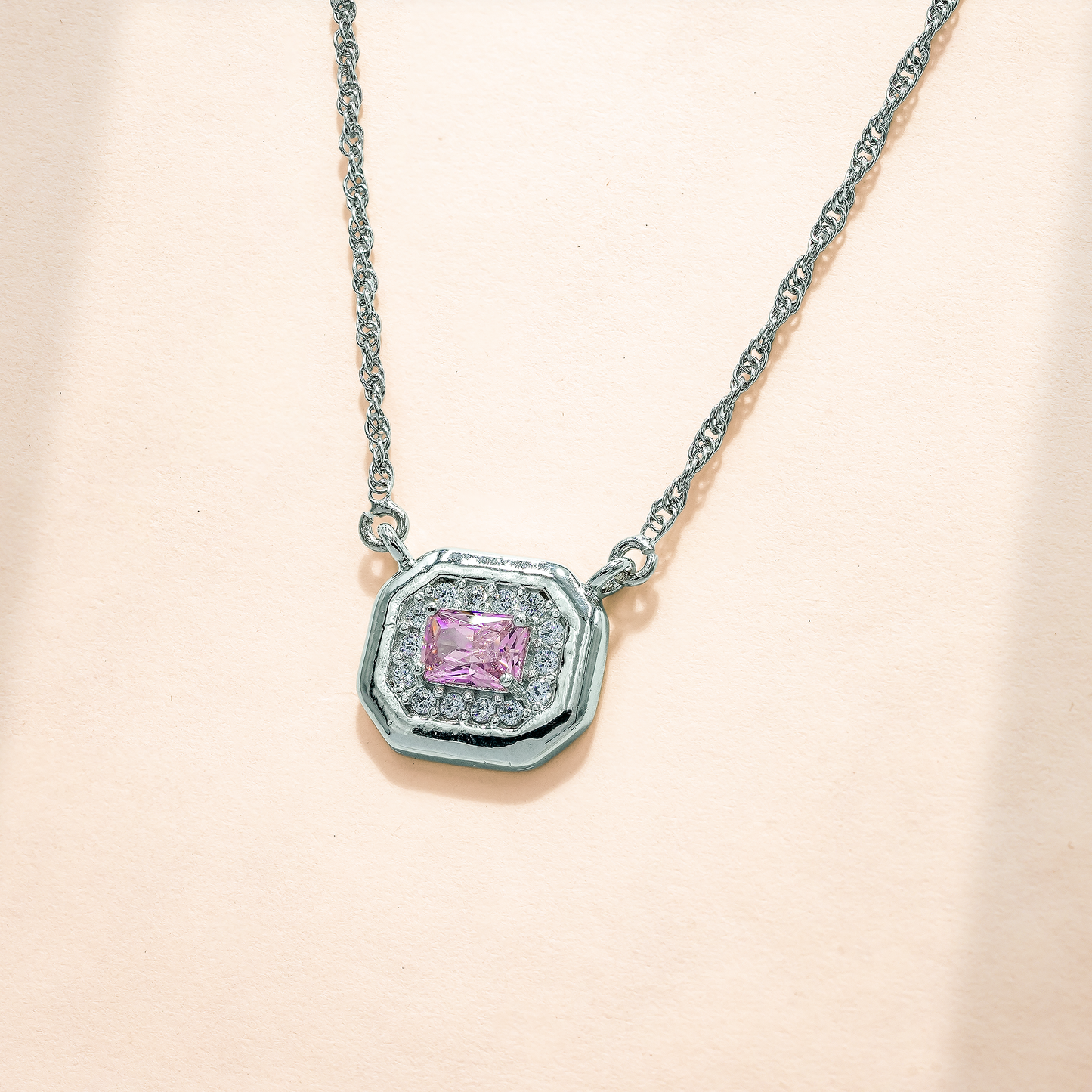 One-of-One 92.5 Silver Simulant Pink Gemstone Octagonal Pendant
